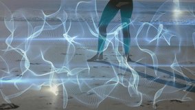 Animation of shapes moving over caucasian woman practicing yoga at beach. Global sport and digital interface concept digitally generated video. - Powered by Shutterstock - Get 15% off with code: PIKWIZARD15