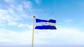 Flag of Honduras waving in the wind, sky and sun background. Honduran Flag Video. Realistic Animation, 4K UHD. 3D Animation 