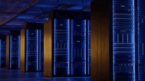 Supercomputer and Advanced Cloud Computing Concept. Inside Large Working Data Center with Rows of Server Racks with Blinking Lights. Server Rack Cabinets Lit by Blue Led Lights.  - Powered by Shutterstock - Get 15% off with code: PIKWIZARD15