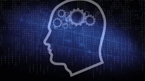 Animation of humand head with cogs over binary coding and cardiograph. Social media and digital interface concept digitally generated video. - Powered by Shutterstock - Get 15% off with code: PIKWIZARD15