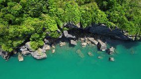 Takes you on a journey to Thailand tropical paradise, featuring it stunning sea and coastline with shimmering turquoise waters, lush green forests, and dramatic rock formations, all shot from a drone
