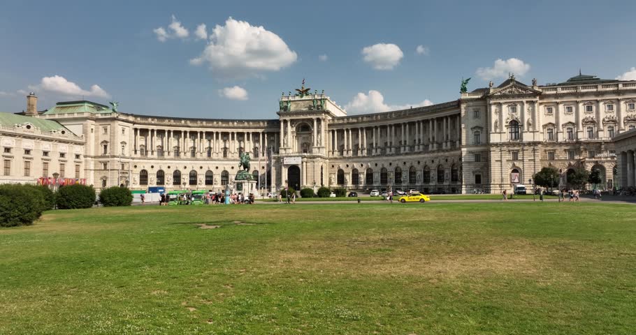Vienna, Austria. Hofburg Palace. Prince Eugen. Flight over the city of Vienna. Aerial View of Imperial Palace Hofburg and Statue of Prince Eugene of Savoy, Vienna Wien, Austria.