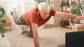 Happy mature senior man doing exercises of gymnastics at home online with laptop. Healthy lifestyle, fitness, recreation, well being. Elderly male exercising training, stretching. Old man working out.