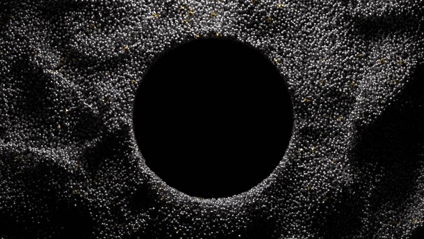 3d render black and white monochrome abstract art video animation with surreal 3d background with small balls spheres dust particles in turbulence random rotation process with black hole in the centre