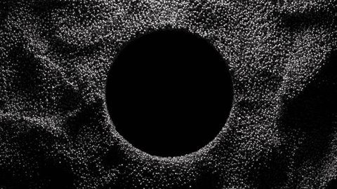3d render black and white monochrome abstract art video animation with surreal 3d background with small balls spheres dust particles in turbulence random rotation process with black hole in the centre: film stockowy