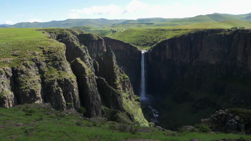 Scenic Maletsunyane waterfall drops into steep, deep gorge in Lesotho
