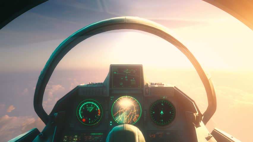 The video captures the breathtaking view from the cockpit of a military jet as it flies through the clouds