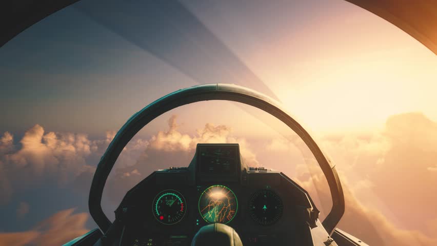 The video captures the breathtaking view from the cockpit of a military jet as it flies through the clouds