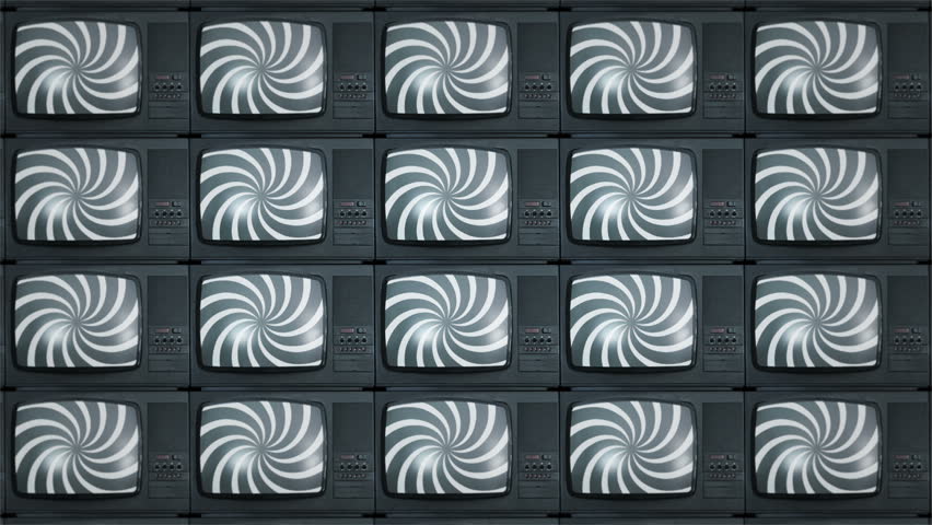 Set of old-fashioned televisions displaying a spinning hypnotic spiral represents how the media can manipulate and control people through the broadcast of false information, propaganda, brainwashing Royalty-Free Stock Footage #1101369539