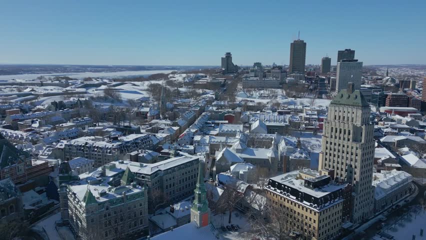 Quebec city winter. Slow plan of the city. Drone Shot
