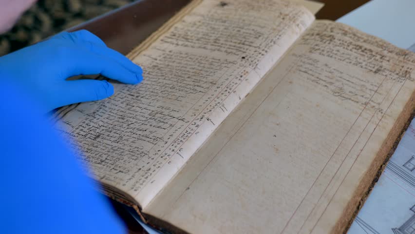 Looking at historical documents or antique ledgers at the Historical Museum and Research library for the Ontario County Research society in Canandaigua New York