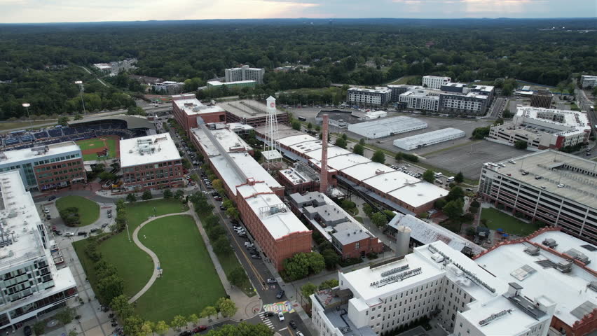 Aerial drone orbiting American Tobacco Campus in Durham, NC.