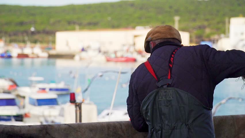 Old fisherman collecting fishing net in port in slow motion while lot of seagulls fly
