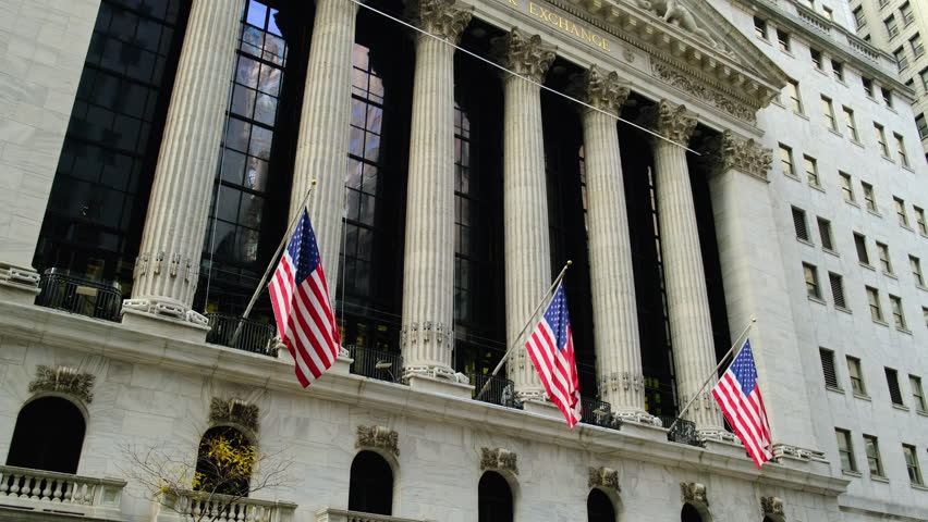 Wall street, lower Manhattan, New York City, USA. Exterior of New york Stock Exchange, largest stock exchange in world by market capitalization and most powerful global financial institute. Royalty-Free Stock Footage #1101374151
