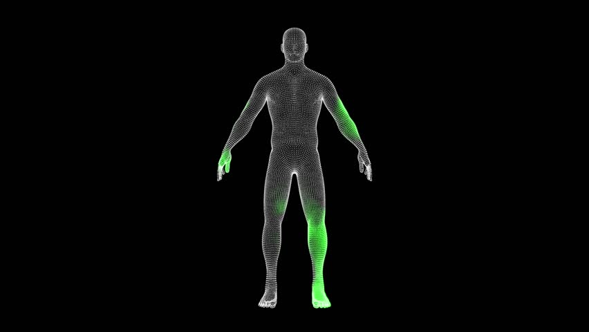 3D male figure rotates on black bg. Cure of the virus. Virus in body. Business advertising backdrop. Science Medical concept. For title, text, presentation. Scanning and treatment body. 3D animation