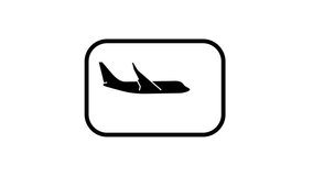 Plane landing icon isolated on white background with rectangle frame and green arrow. Airplane transport symbol. 4K Video motion graphic animation.