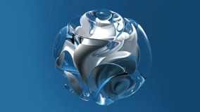 3d render of abstract art with surreal 3d organic alien ball or liquid substance in curve wavy smooth and soft bio forms in matte aluminium metal material with glossy glass parts on blue background
