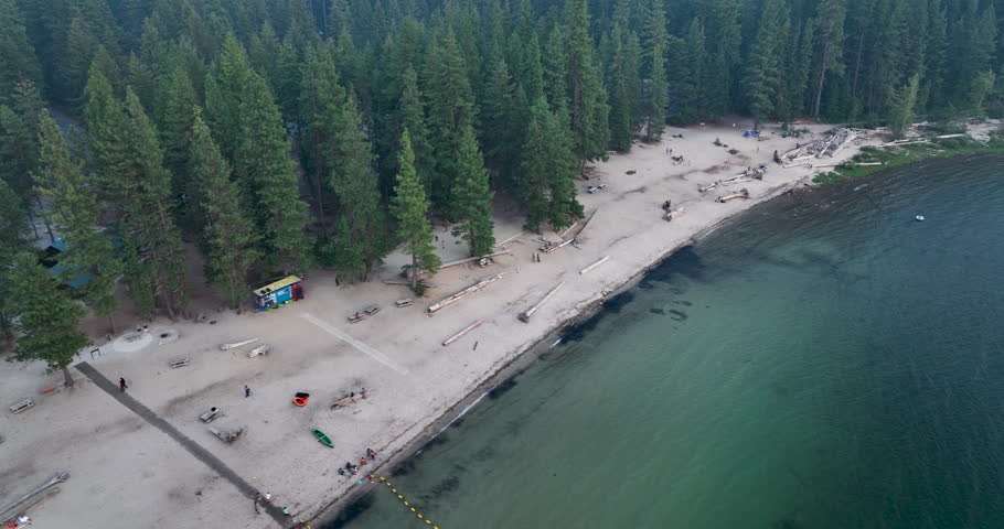 Scenic Sandy Beach Recreational Area at Lake Wenatchee State Park Aerial Overview Tall Trees and Emerald Green Water