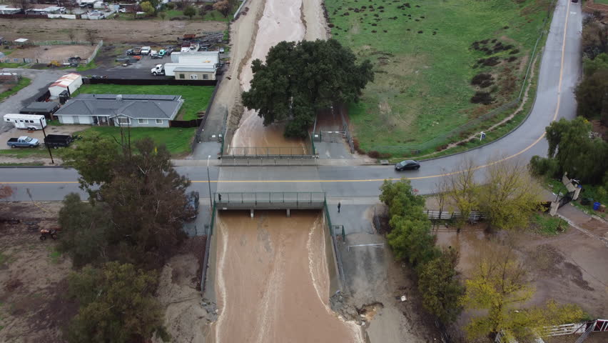 An Aerial View of the Wildwood Creek Channel used for Flood Control in Yucaipa, California, after a storm with Runoff