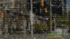 Animation of binary coding and data processing over out of focus cityscape. Global business, computing and data processing concept digitally generated video. - Powered by Shutterstock - Get 15% off with code: PIKWIZARD15