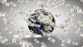 Animation of dollar banknotes and data processing over globe on white black background. Global business, finances and digital interface concept digitally generated video.