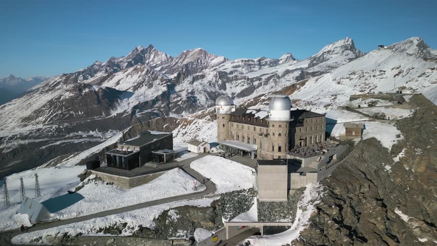 Establishing Aerial Shot of Gornergrat Observation Plaform in Zermatt, Switzerland