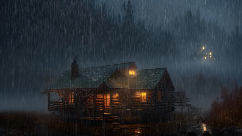 Animation of cabin in the woods at nightfall during heavy rainfall. still shot of 3d render Royalty-Free Stock Footage #1101384769