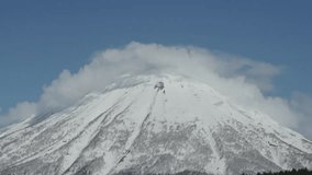 Mount Yotei, snowy mountains, time-lapse video, clouds flowing through the mountains, nature in Japan