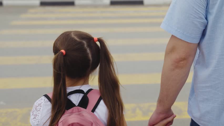 child girl daughter holding father hand going through pedestrian crossing school. schoolgirl girl backpack crosses road with father according rules road. dad with child walks along zebra. first grader