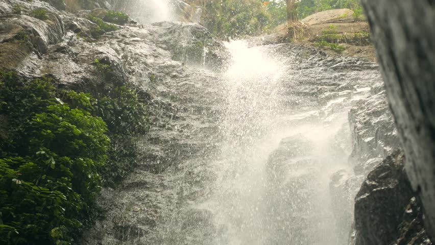 Powerfull Waterfall Falling Water 4K Cinematic Slowmotion Beautiful Wild Nature Landscape Scene Footage, Thailand.