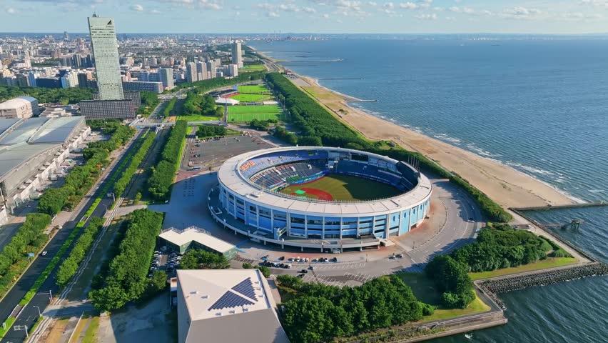 Bay front baseball stadium aerial view. Royalty-Free Stock Footage #1101396285