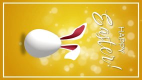 Vertical video. White jumping Easter egg with rabbit ears. Happy Easter. Looped festive animation of yellow background with blurred circles.