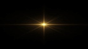 Loop center rotating glow gold long arm star rays lights optical lens flares shiny animation art on black abstracrt background. Lighting lamp rays effect dynamic bright video footage. Gold glow star o