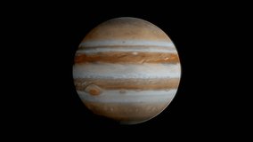 Jupiter rotating isolated on black background. Turning of the planet, side view. Ultra HD 4K Loop footage. 3D render.