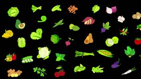 A seamless animation of illustrated cartoon vegetables for your backgrounds. alpha channel. 4k