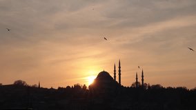 Ramadan or islamic concept 4k video. Suleymaniye Mosque at sunset. Silhouette of Istanbul with seagulls.