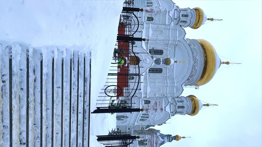 Belogorsky St. Nicholas Orthodox Missionary Monastery. Russia, Perm Krai, Belaya Gora. The temple on the hill in winter. Monastery on the background of snow.