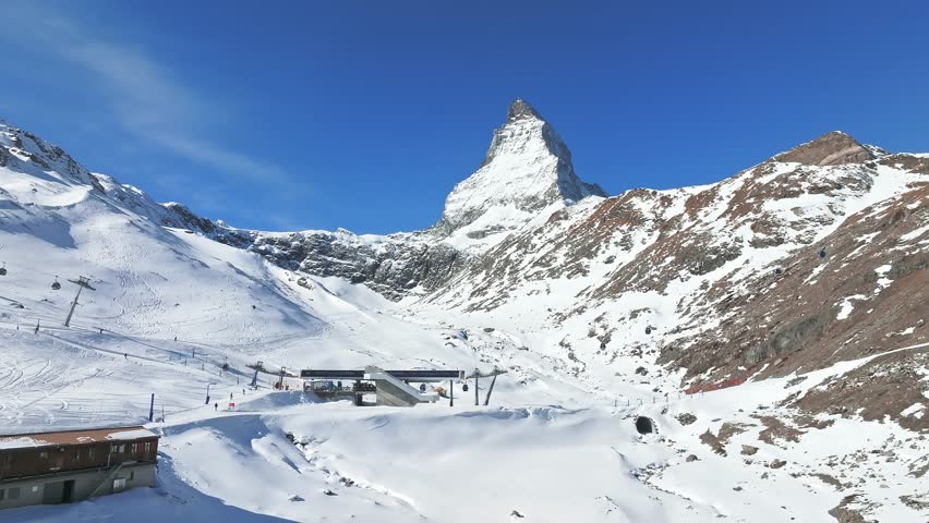 Beautiful Zermatt ski resort with view of the Matterhorn peak on the horizon. Beautiful Swiss Alps.