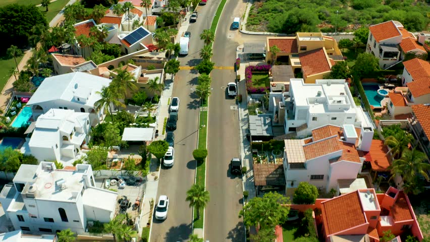 SAN JOSE DEL CABO BCS MEXICO-2021: Drone View Of California Neighborhood And Cars