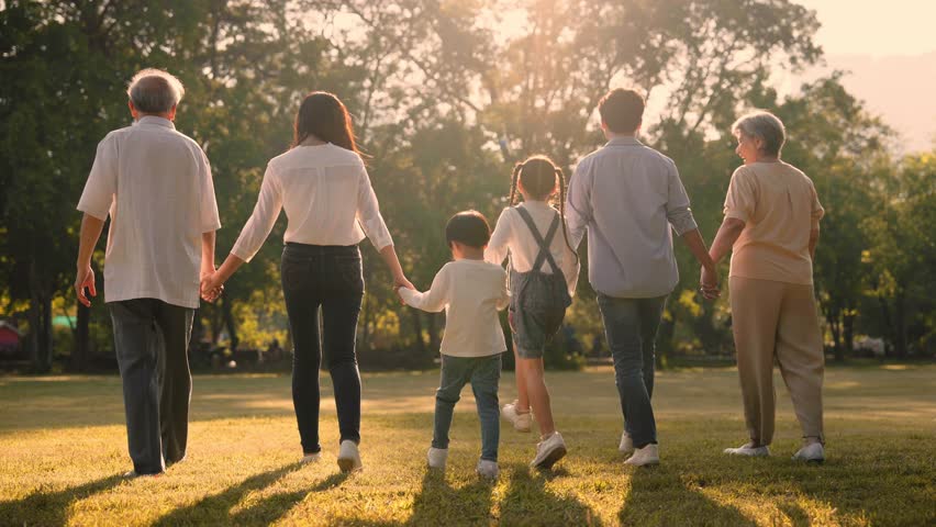Happy Asian family walking in the park together, Outdoor with big family and Three generation concept Royalty-Free Stock Footage #1101409335