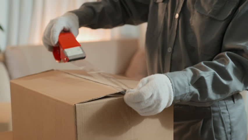 Cropped shot of moving service worker in uniform and gloves sealing carton box with transparent adhesive tape and then his colleague carrying it away from house | Shutterstock HD Video #1101409965