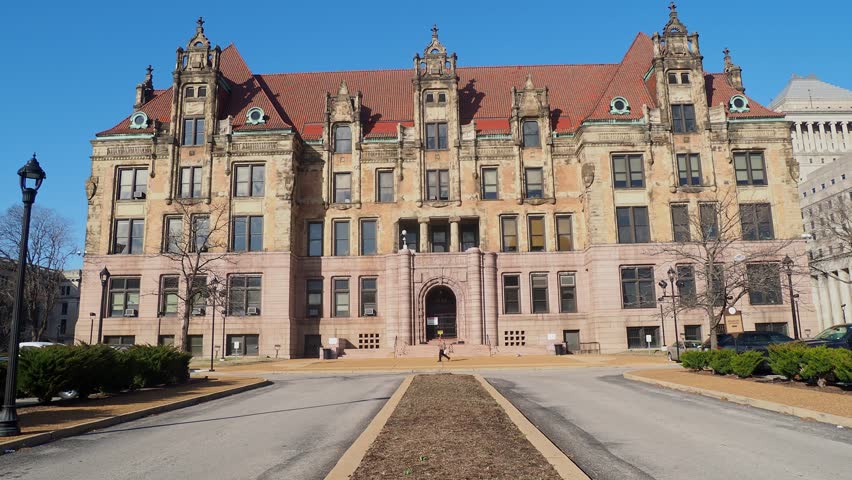 Sunny exterior view of the St. Louis City Hall at Missouri