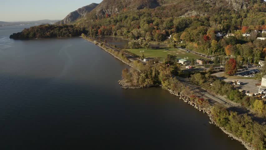Mountain hills orbit on the Hudson River 4k aerial