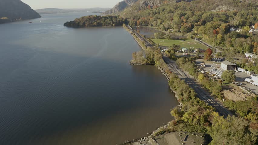 Mountain hills on the Hudson River 4k aerial
