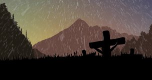 Animation of crosses and rain over mountains. Faith, celebration and religion concept digitally generated video.