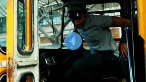 Animation of caucasian male bus driver talking on smartphone over network of connections with icons. Global business and digital interface concept digitally generated video. - Powered by Shutterstock - Get 15% off with code: PIKWIZARD15