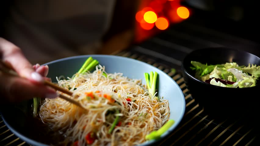 Instant Rice Noodles Bowl. Chinese Ramen Soup. Cooked Rice Instant Glass Noodles Ramyeon Bowl. Asian Dinner Cooking. Quick Ramen Dry Vegetables. Chinese Food. Korean Ramyeon Bowl Glass Noodles  Royalty-Free Stock Footage #1101429827