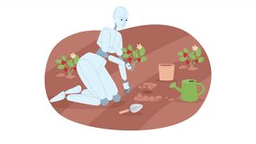 Animated horticultural AI. Autonomous control system in greenhouse. 2D cartoon flat character 4K video footage on white with alpha channel transparency. Concept animation for web design