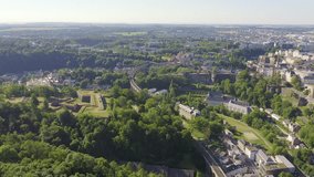 Inscription on video. Luxembourg, Historical city center in the morning. On the mechanical display, Aerial View