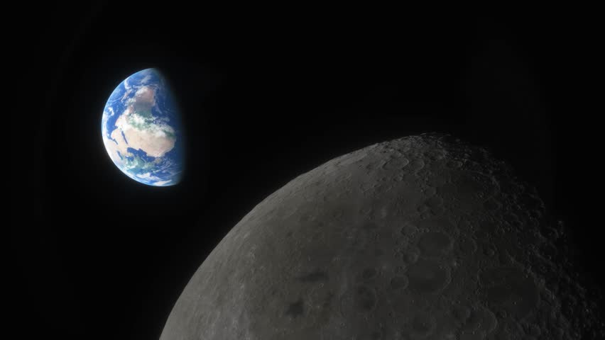 Lunar program, the spacecraft flies over the surface of the moon. Planet Earth seen against the backdrop of the Moon. Cinematic detailed 3d animation. Visualization of the space program of flights to